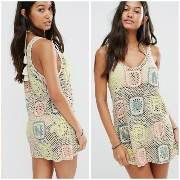 Wildfox Sabrina Fun Granny Square Crochet Mini Dress Cover-up in Cream Pastel
